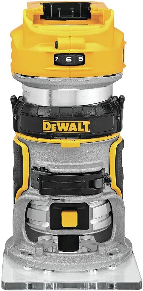 The DeWalt 20V MAX XR DCW600 fixed-base router, studio shot on white