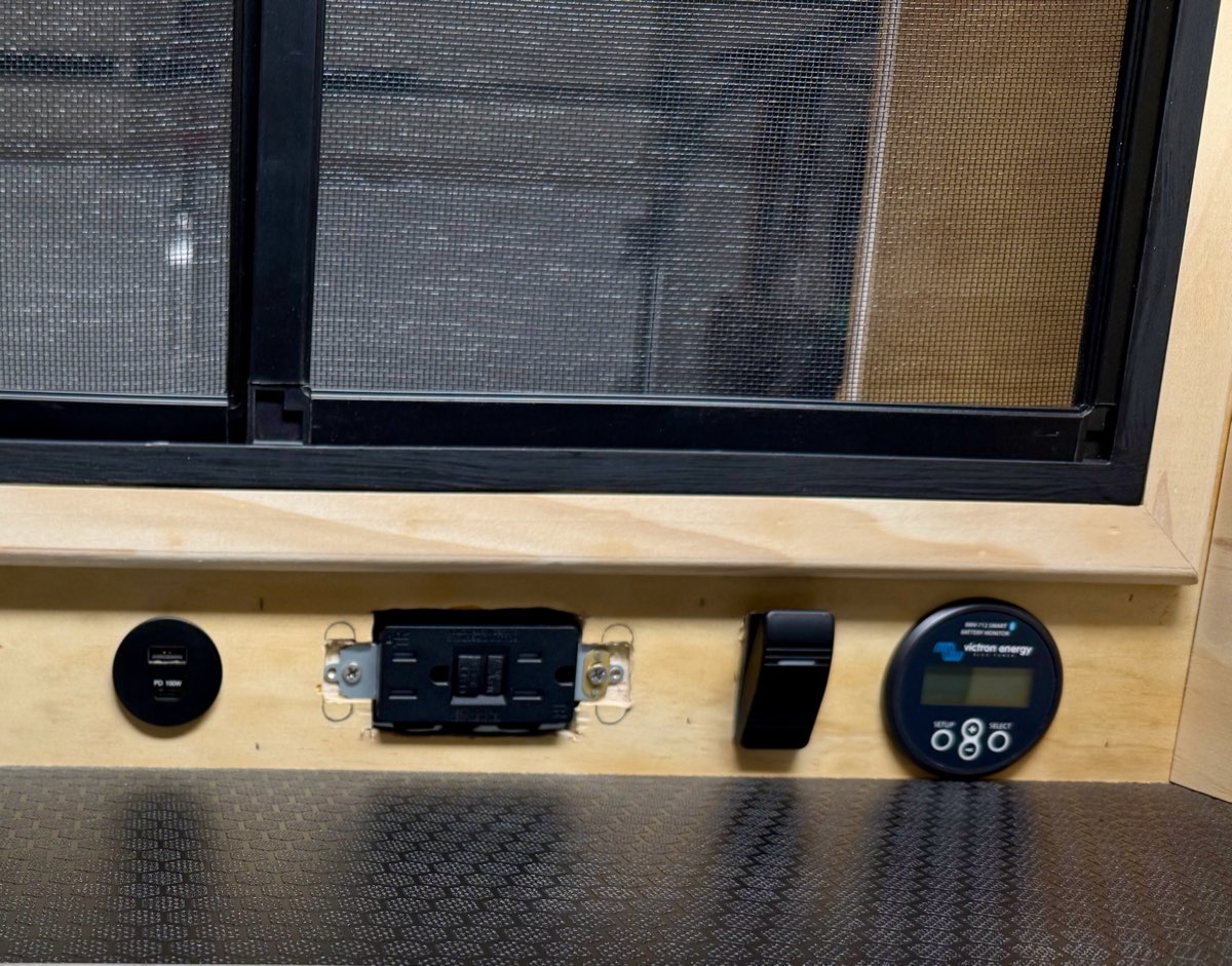 The galley control panel with USB charger, 120V GFCI outlet, main power switch, and battery monitor
