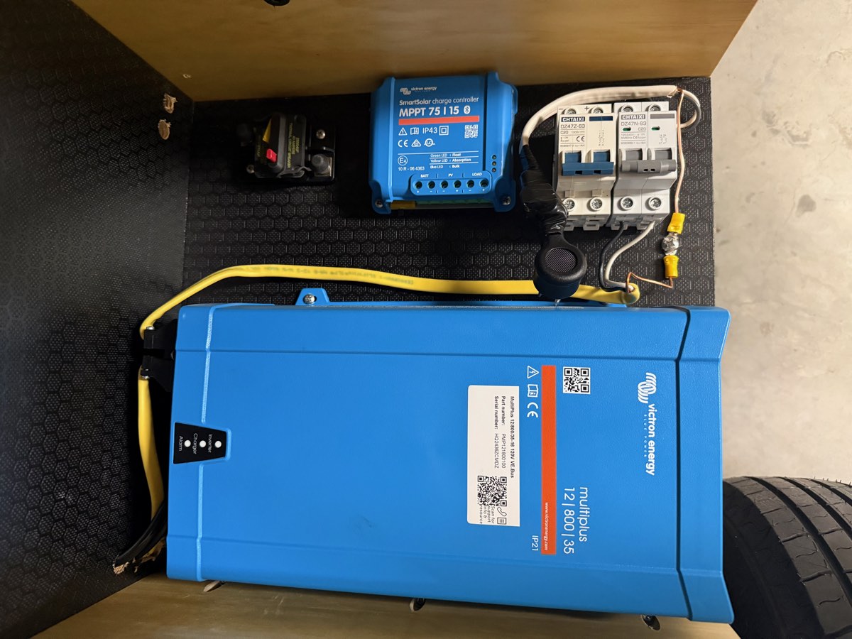 Victron MultiPlus inverter/charger mounted in the teardrop's electrical compartment below a SmartSolar MPPT 75/15 charge controller, with a blue-toggle DC solar disconnect breaker and gray-toggle 120V AC breakers mounted between them