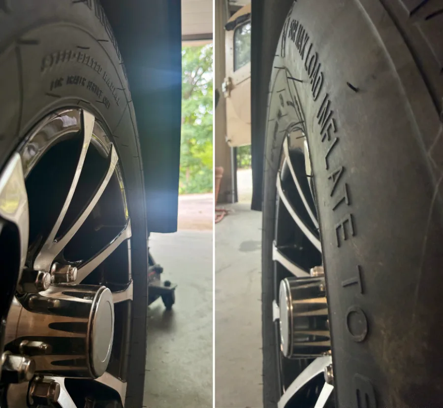 Side-by-side close-up of the tire against the fender before and after the spacer was installed, showing the tire sitting closer to the fender edge but still within its coverage