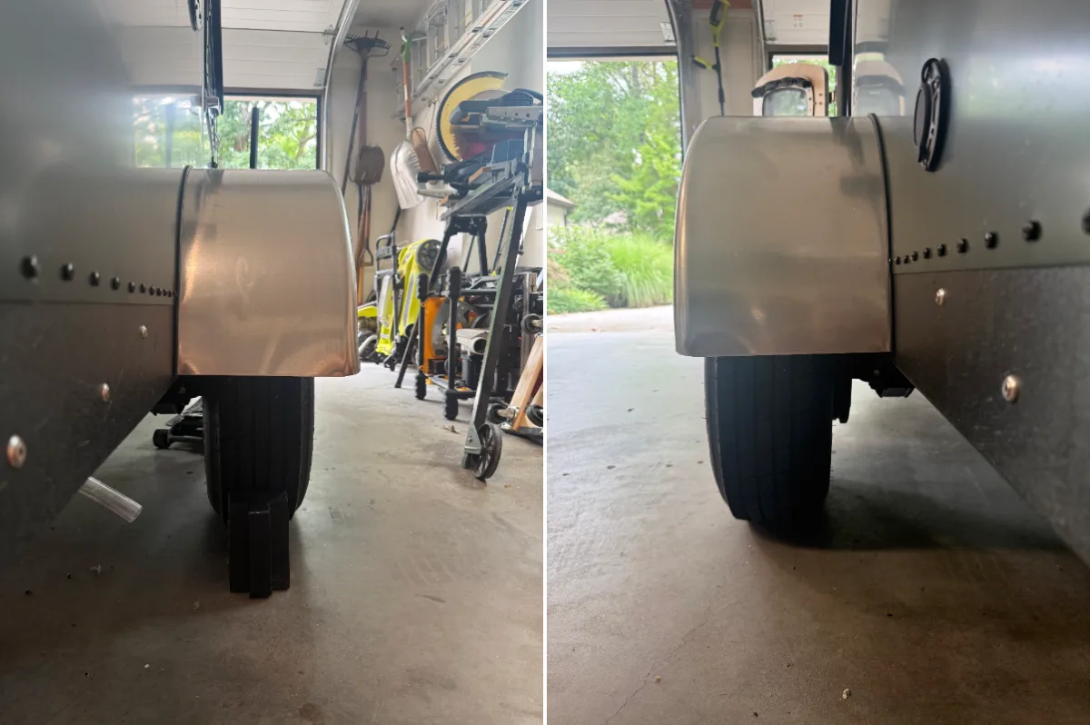 Side-by-side wide shot of the tire under the fender before and after the spacer was installed, before on the left and after on the right